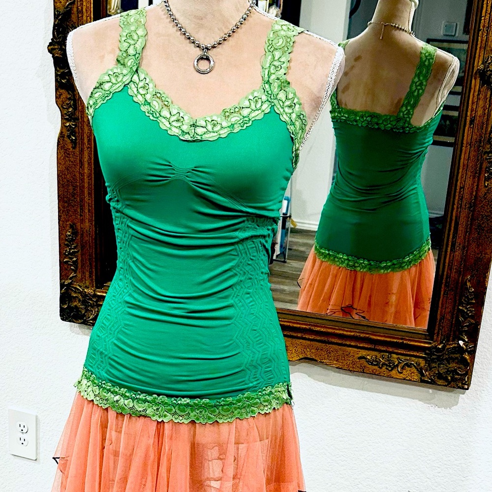 Forest Fairy Green Mermaidcore Y2K Cami Top Lacey Ruched Tank Sz M